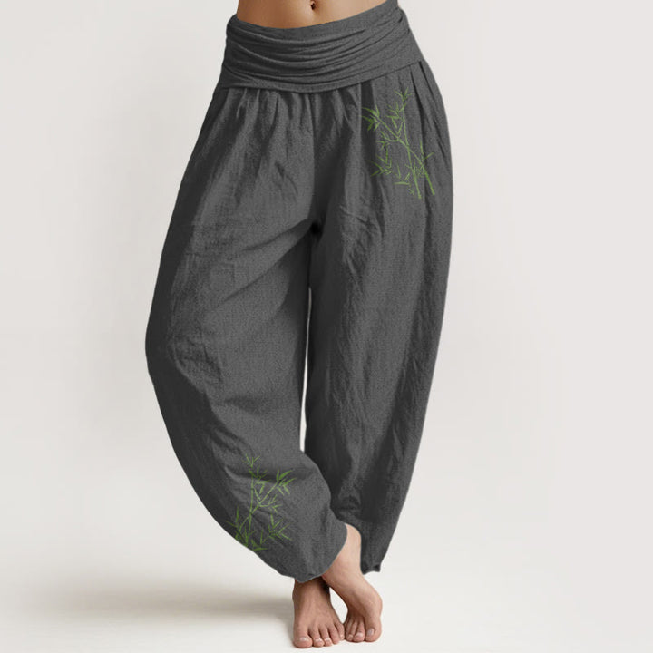 Pantalones harén de algodón puro con cintura elástica para mujer, estampado de Buddha Stones y bambú verde - Gris - US22，UK/AU26，EU54 (6XL) - image 8