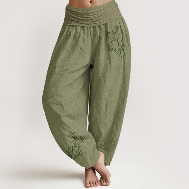 Pantalones harén de algodón puro con cintura elástica para mujer, estampado de Buddha Stones y bambú verde - Verde oliva - US22，UK/AU26，EU54 (6XL) - image 14