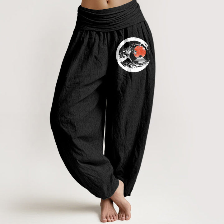 Pantalones harén de algodón puro con cintura elástica para mujer, con estampado de Buddha Stones, olas, sol y montañas - Negro - US22，UK/AU26，EU54 (6XL) - image 0