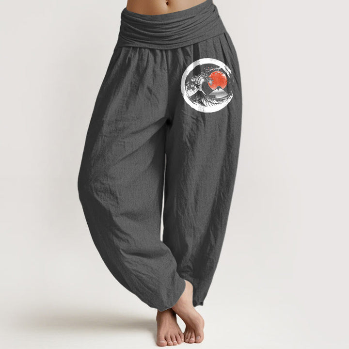 Pantalones harén de algodón puro con cintura elástica para mujer, con estampado de Buddha Stones, olas, sol y montañas - Gris - US22，UK/AU26，EU54 (6XL) - image 8