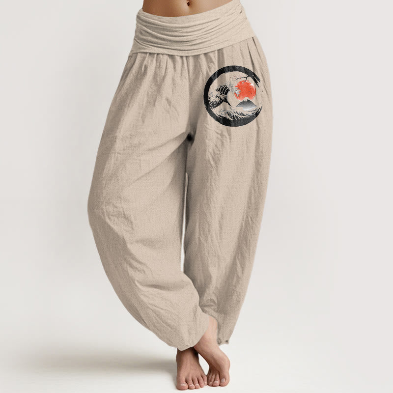 Pantalones harén de algodón puro con cintura elástica para mujer, con estampado de Buddha Stones, olas, sol y montañas - Broncearse - US22，UK/AU26，EU54 (6XL) - image 11