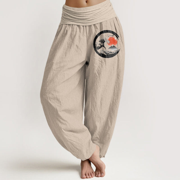 Pantalones harén de algodón puro con cintura elástica para mujer, con estampado de Buddha Stones, olas, sol y montañas - Broncearse - US22，UK/AU26，EU54 (6XL) - image 11