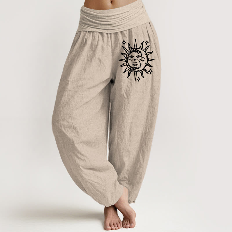 Pantalones harén de algodón puro con cintura elástica para mujer con estampado de sol y luna y Buddha Stones - Broncearse - US22，UK/AU26，EU54 (6XL) - image 11