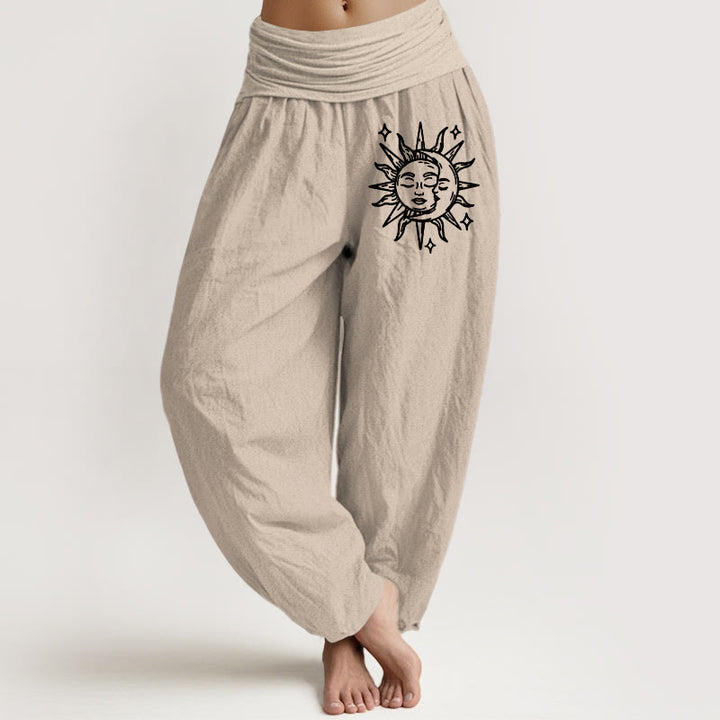 Pantalones harén de algodón puro con cintura elástica para mujer con estampado de sol y luna y Buddha Stones - Broncearse - US22，UK/AU26，EU54 (6XL) - image 11