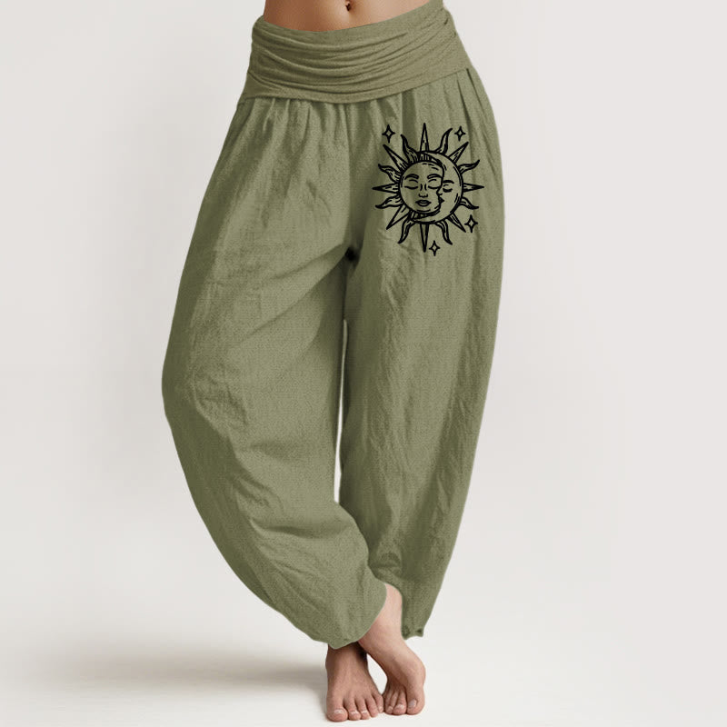 Pantalones harén de algodón puro con cintura elástica para mujer con estampado de sol y luna y Buddha Stones - Verde oliva - US22，UK/AU26，EU54 (6XL) - image 14