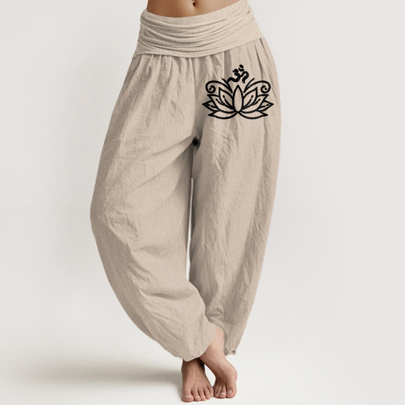Pantalones harén de algodón puro con cintura elástica para mujer, diseño de flor de loto y símbolo Om , con Buddha Stones - Broncearse - US22，UK/AU26，EU54 (6XL) - image 11