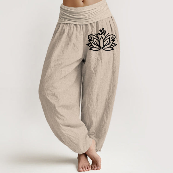 Pantalones harén de algodón puro con cintura elástica para mujer, diseño de flor de loto y símbolo Om , con Buddha Stones - Broncearse - US22，UK/AU26，EU54 (6XL) - image 11
