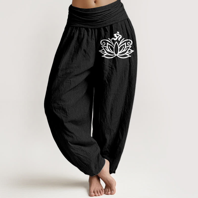 Pantalones harén de algodón puro con cintura elástica para mujer, diseño de flor de loto y símbolo Om , con Buddha Stones - Negro - US22，UK/AU26，EU54 (6XL) - image 0