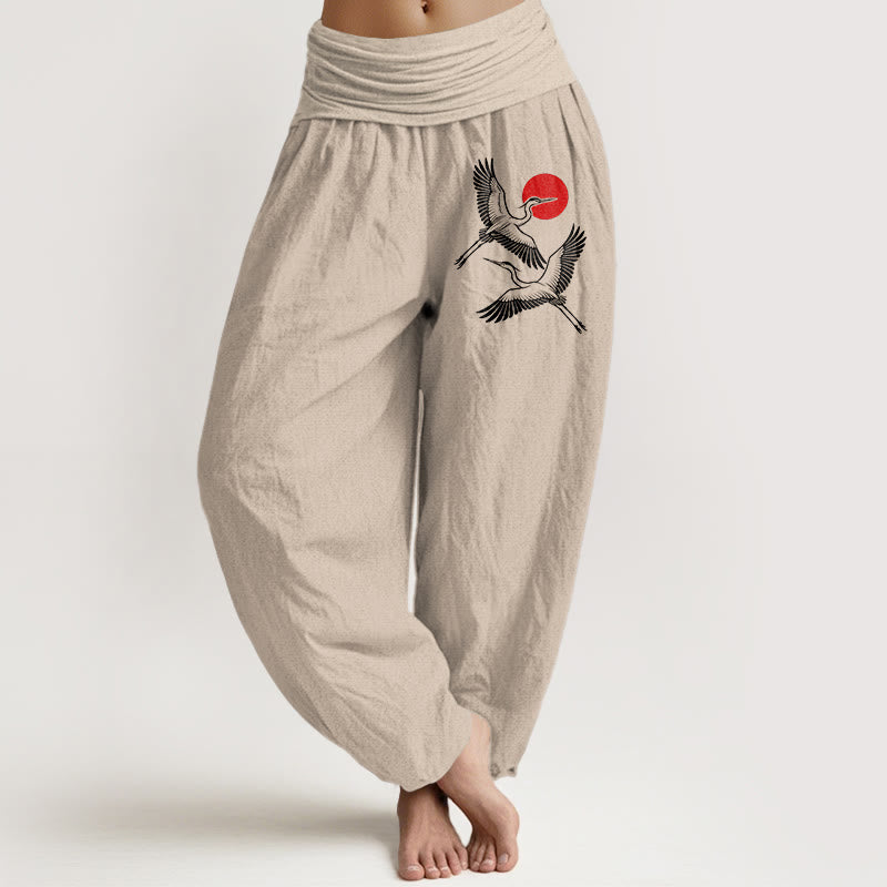 Pantalones harén de algodón puro con cintura elástica para mujer, con estampado de grullas rojas y piedras de Buddha Stones - Broncearse - US22，UK/AU26，EU54 (6XL) - image 11