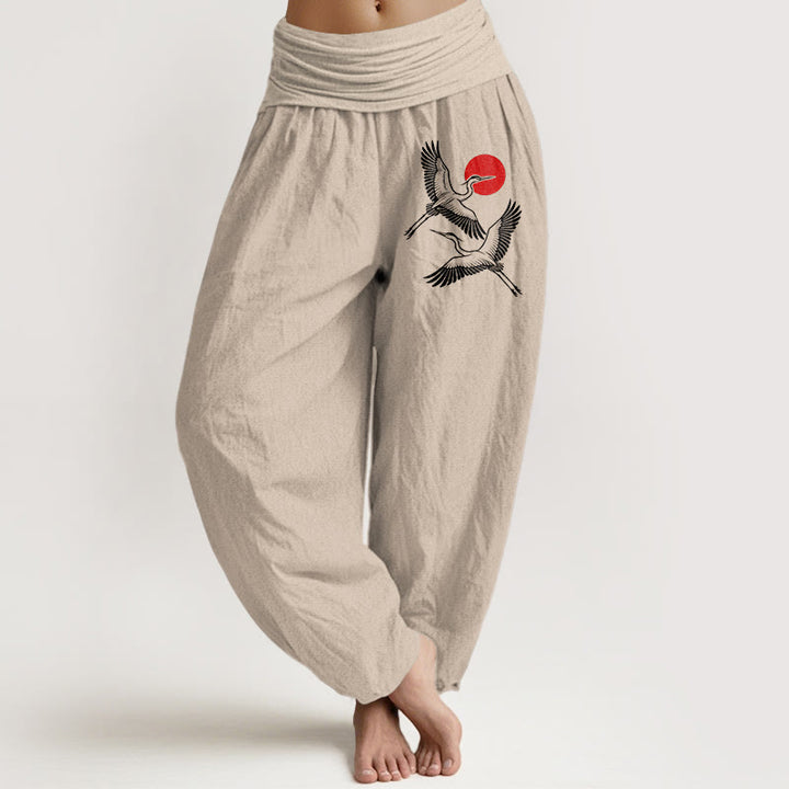 Pantalones harén de algodón puro con cintura elástica para mujer, con estampado de grullas rojas y piedras de Buddha Stones - Broncearse - US22，UK/AU26，EU54 (6XL) - image 11