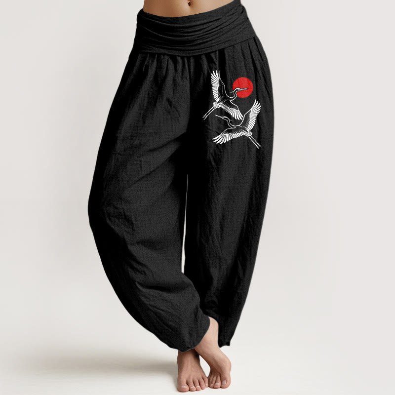 Pantalones harén de algodón puro con cintura elástica para mujer, con estampado de grullas rojas y piedras de Buddha Stones - Negro - US22，UK/AU26，EU54 (6XL) - image 0