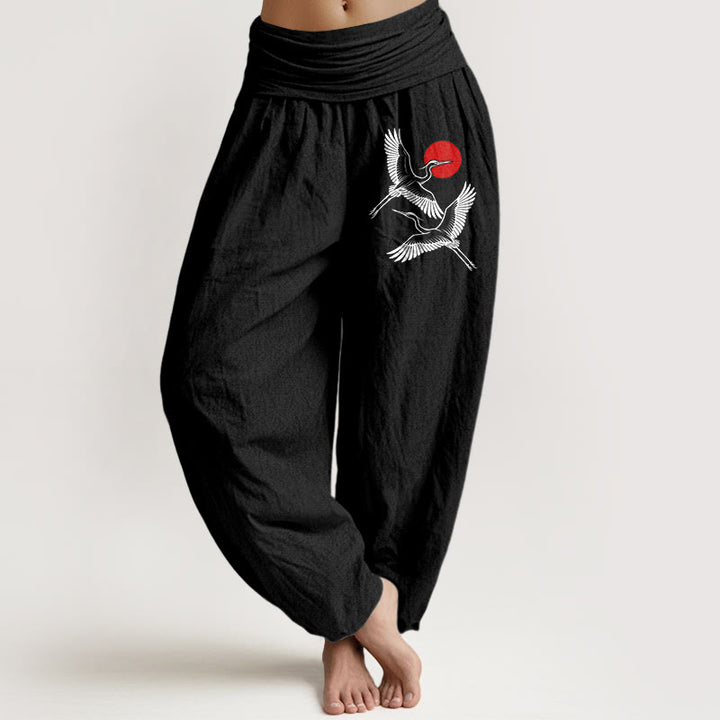 Pantalones harén de algodón puro con cintura elástica para mujer, con estampado de grullas rojas y piedras de Buddha Stones - Negro - US22，UK/AU26，EU54 (6XL) - image 0