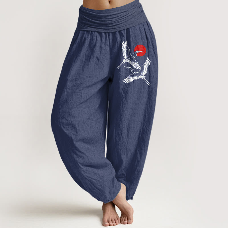 Pantalones harén de algodón puro con cintura elástica para mujer, con estampado de grullas rojas y piedras de Buddha Stones - Azul pizarra oscuro - US22，UK/AU26，EU54 (6XL) - image 5