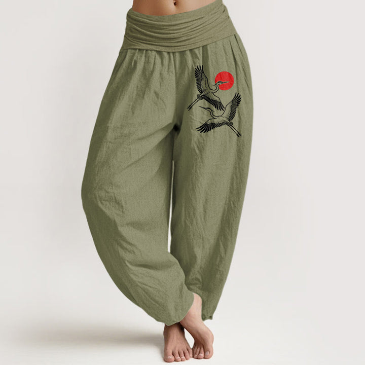 Pantalones harén de algodón puro con cintura elástica para mujer, con estampado de grullas rojas y piedras de Buddha Stones - Verde oliva - US22，UK/AU26，EU54 (6XL) - image 14