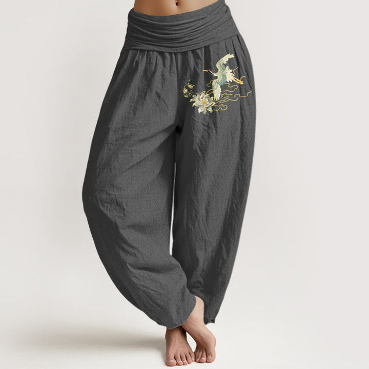 Pantalones harén de algodón puro con cintura elástica para mujer, con estampado de loto y Buddha Stones - Gris - US22，UK/AU26，EU54 (6XL) - image 8
