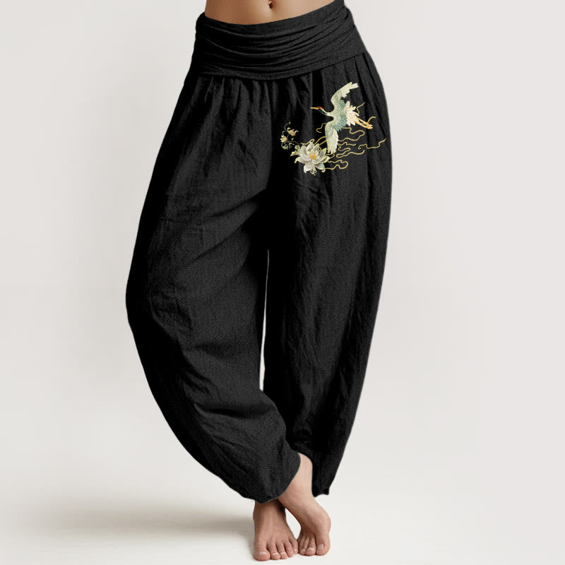 Pantalones harén de algodón puro con cintura elástica para mujer, con estampado de loto y Buddha Stones - Negro - US22，UK/AU26，EU54 (6XL) - image 0
