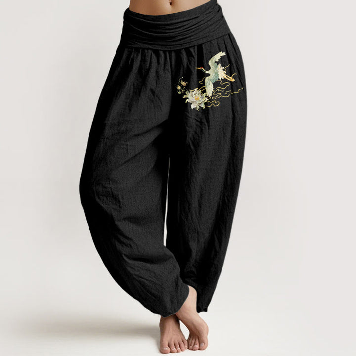Pantalones harén de algodón puro con cintura elástica para mujer, con estampado de loto y Buddha Stones - Negro - US22，UK/AU26，EU54 (6XL) - image 0