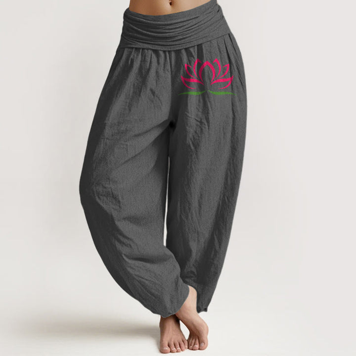Pantalones harén de algodón puro con cintura elástica para mujer, diseño simple con Buddha Stones y estampado de loto rosa - Gris - US22，UK/AU26，EU54 (6XL) - image 8