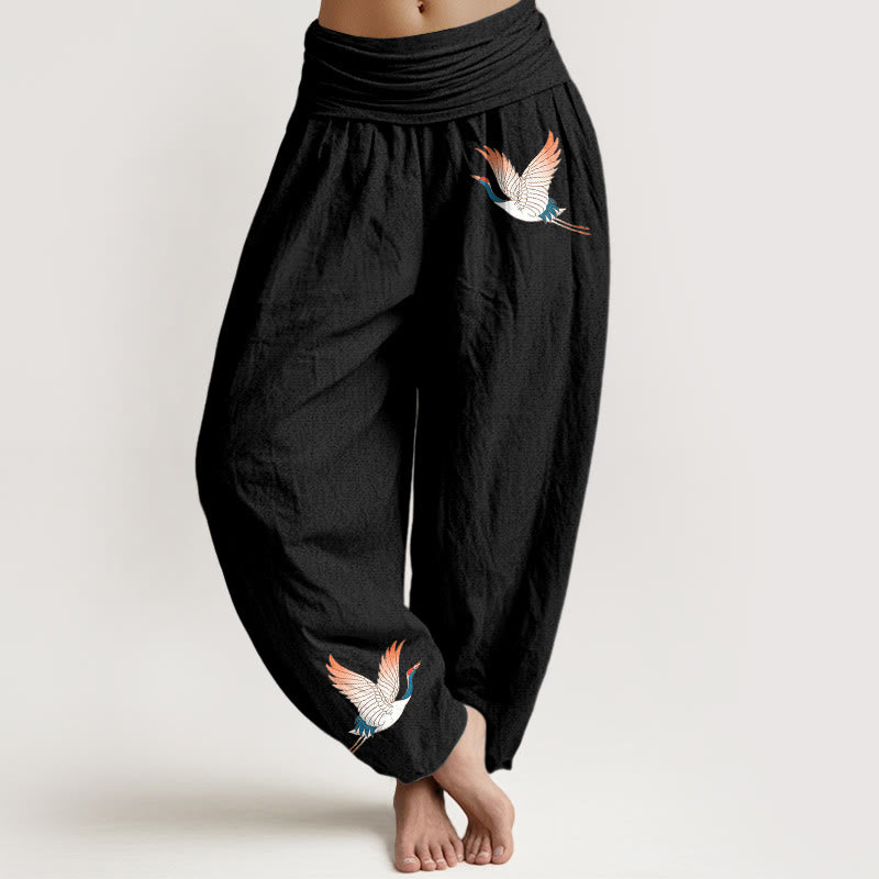 Pantalones harén de algodón puro para mujer, con cintura elástica y estampado de dos grullas elegantes y Buddha Stones - Negro - US22，UK/AU26，EU54 (6XL) - image 0