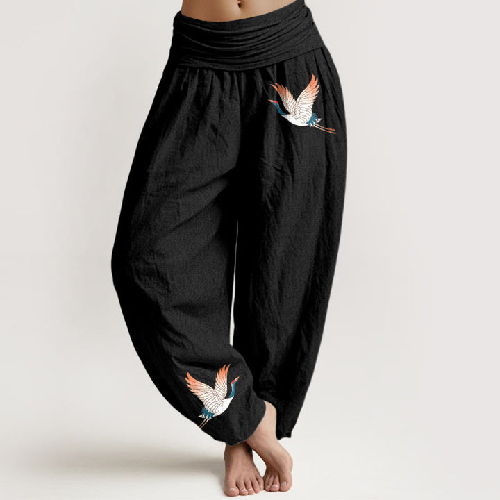 Pantalones harén de algodón puro para mujer, con cintura elástica y estampado de dos grullas elegantes y Buddha Stones - Negro - US22，UK/AU26，EU54 (6XL) - image 0