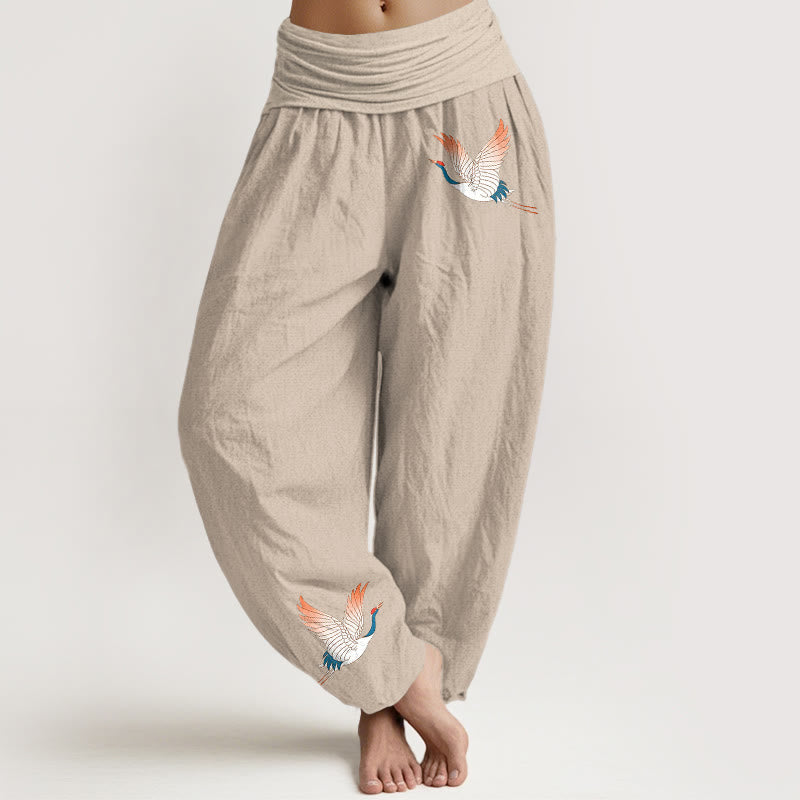 Pantalones harén de algodón puro para mujer, con cintura elástica y estampado de dos grullas elegantes y Buddha Stones - Broncearse - US22，UK/AU26，EU54 (6XL) - image 11