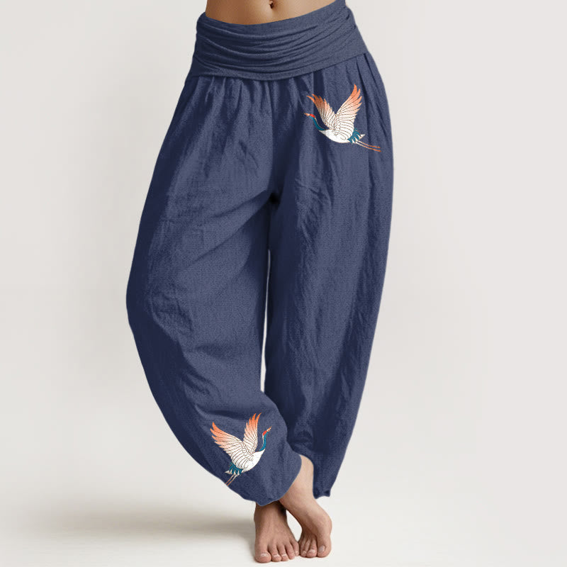 Pantalones harén de algodón puro para mujer, con cintura elástica y estampado de dos grullas elegantes y Buddha Stones - Azul pizarra oscuro - US22，UK/AU26，EU54 (6XL) - image 5