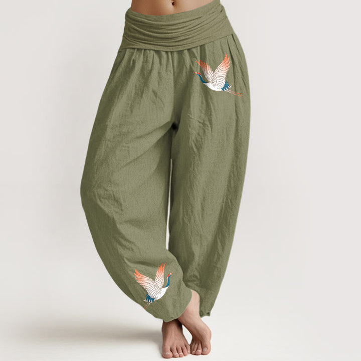 Pantalones harén de algodón puro para mujer, con cintura elástica y estampado de dos grullas elegantes y Buddha Stones - Verde oliva - US22，UK/AU26，EU54 (6XL) - image 14