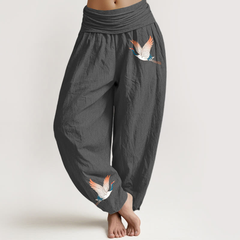 Pantalones harén de algodón puro para mujer, con cintura elástica y estampado de dos grullas elegantes y Buddha Stones - Gris - US22，UK/AU26，EU54 (6XL) - image 8