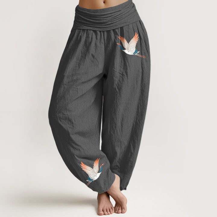 Pantalones harén de algodón puro para mujer, con cintura elástica y estampado de dos grullas elegantes y Buddha Stones - Gris - US22，UK/AU26，EU54 (6XL) - image 8