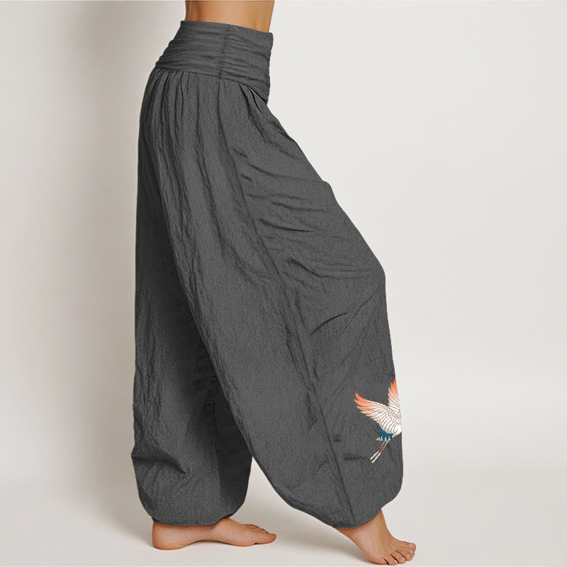 Pantalones harén de algodón puro para mujer, con cintura elástica y estampado de dos grullas elegantes y Buddha Stones - image 10