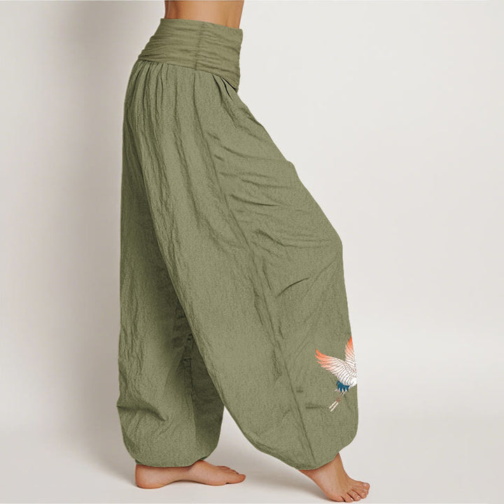 Pantalones harén de algodón puro para mujer, con cintura elástica y estampado de dos grullas elegantes y Buddha Stones - image 16