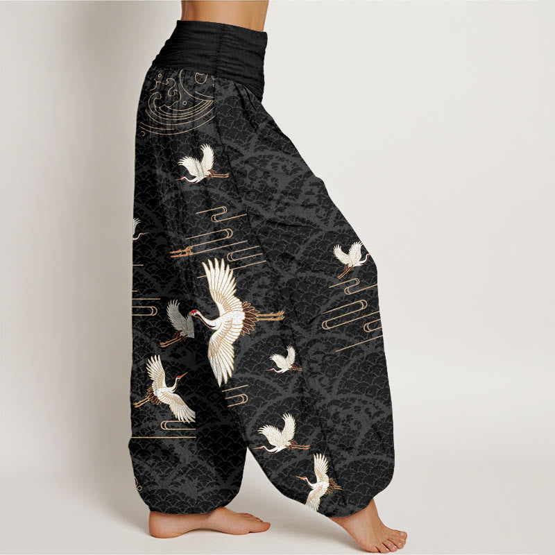 Pantalones harén de algodón puro con cintura elástica para mujer, estampado de grullas y ondas de Buddha Stones - image 2