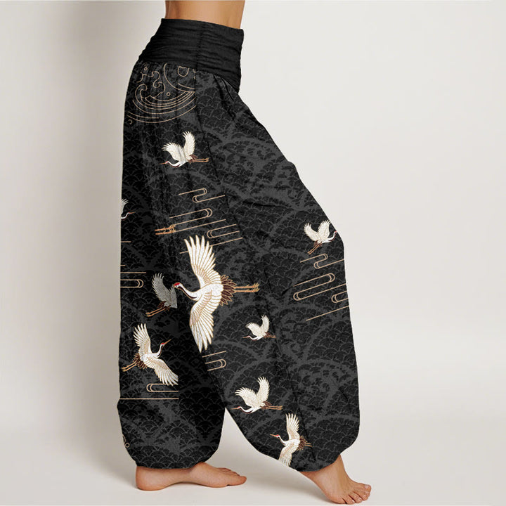 Pantalones harén de algodón puro con cintura elástica para mujer, estampado de grullas y ondas de Buddha Stones - image 2