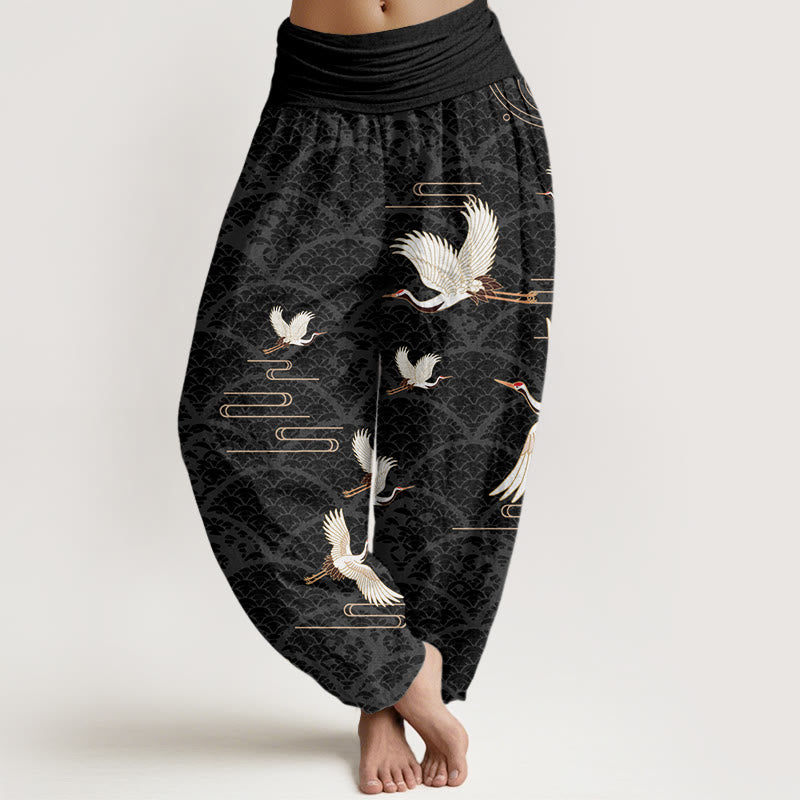 Pantalones harén de algodón puro con cintura elástica para mujer, estampado de grullas y ondas de Buddha Stones - Negro - US22，UK/AU26，EU54 (6XL) - image 0