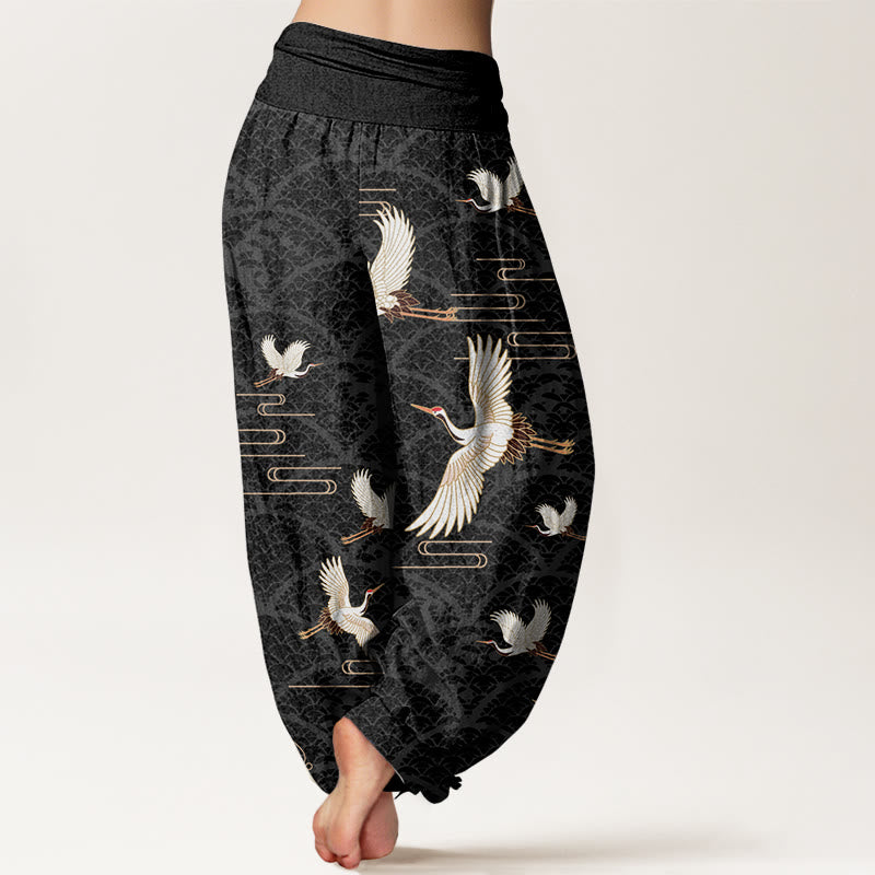 Pantalones harén de algodón puro con cintura elástica para mujer, estampado de grullas y ondas de Buddha Stones - image 1