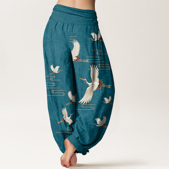 Pantalones harén de algodón puro con cintura elástica para mujer, estampado de grullas y ondas de Buddha Stones - image 6