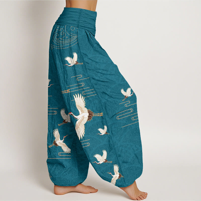 Pantalones harén de algodón puro con cintura elástica para mujer, estampado de grullas y ondas de Buddha Stones - image 6