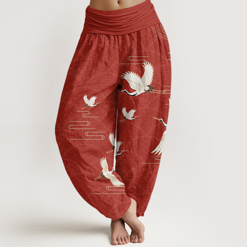 Pantalones harén de algodón puro con cintura elástica para mujer, estampado de grullas y ondas de Buddha Stones - Ladrillo refractario - US22，UK/AU26，EU54 (6XL) - image 8