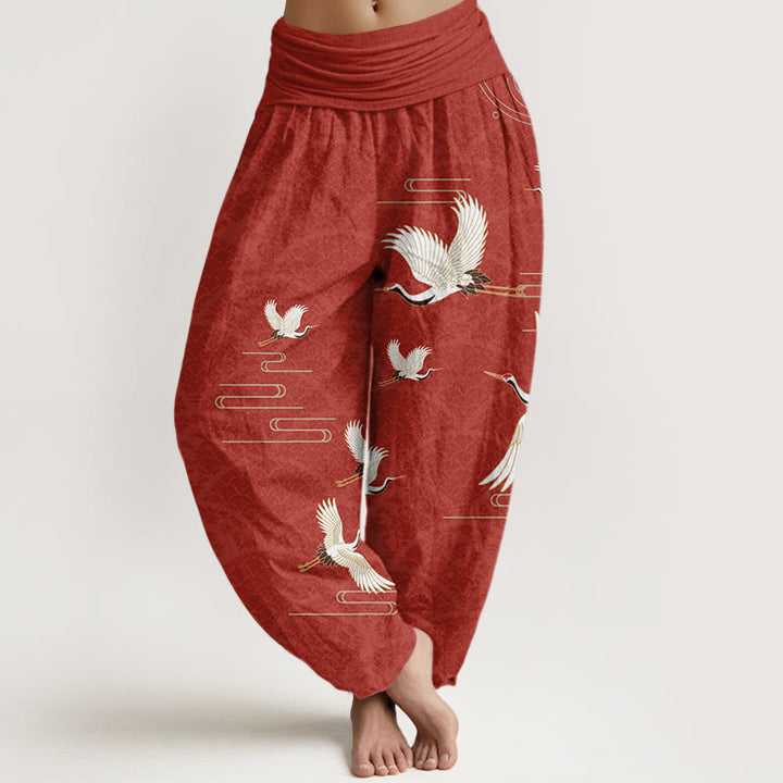 Pantalones harén de algodón puro con cintura elástica para mujer, estampado de grullas y ondas de Buddha Stones - Ladrillo refractario - US22，UK/AU26，EU54 (6XL) - image 8