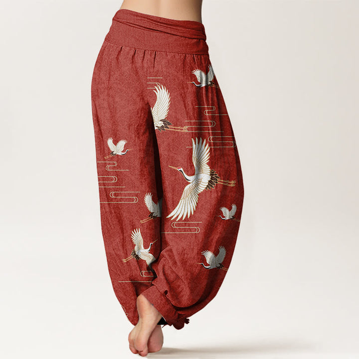Pantalones harén de algodón puro con cintura elástica para mujer, estampado de grullas y ondas de Buddha Stones - image 9