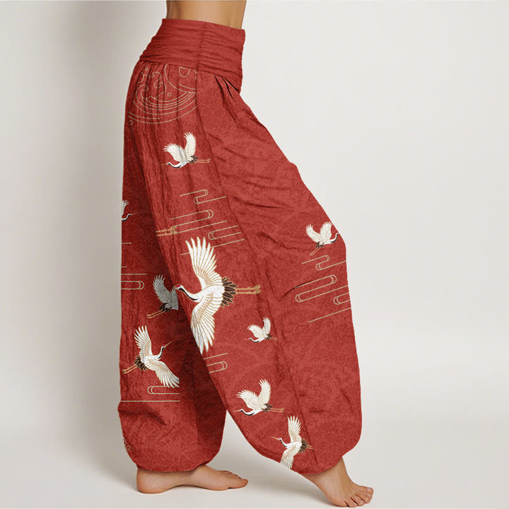 Pantalones harén de algodón puro con cintura elástica para mujer, estampado de grullas y ondas de Buddha Stones - image 10