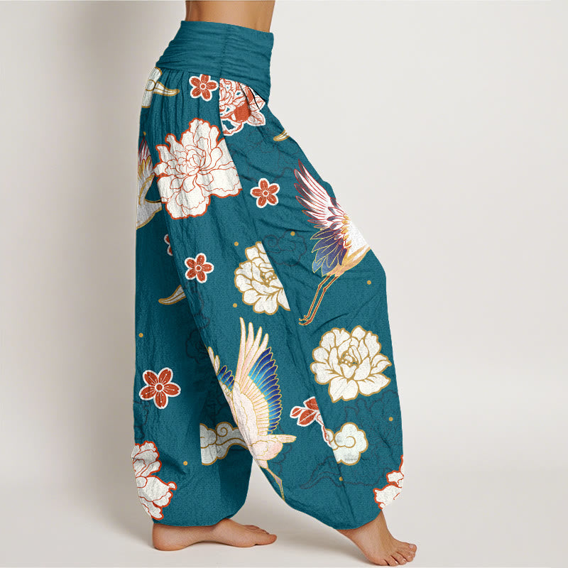 Pantalones harén de algodón puro con cintura elástica para mujer, estampado de Buddha Stones , grullas y peonías - image 1
