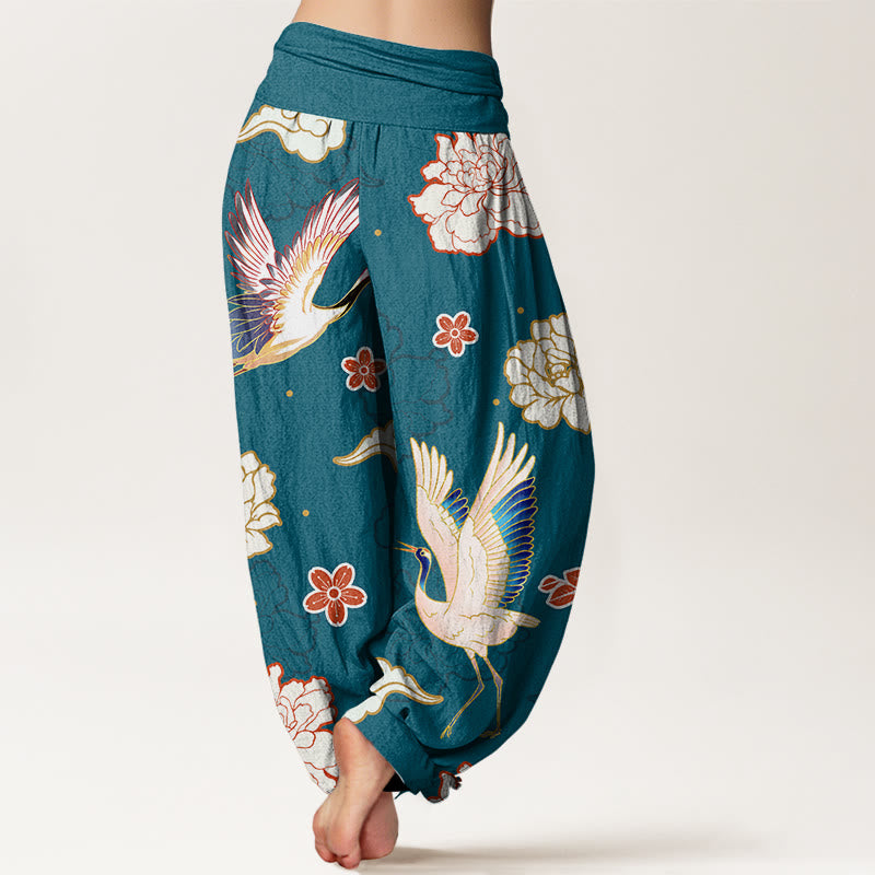 Pantalones harén de algodón puro con cintura elástica para mujer, estampado de Buddha Stones , grullas y peonías - image 1