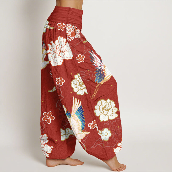 Pantalones harén de algodón puro con cintura elástica para mujer, estampado de Buddha Stones , grullas y peonías - image 7