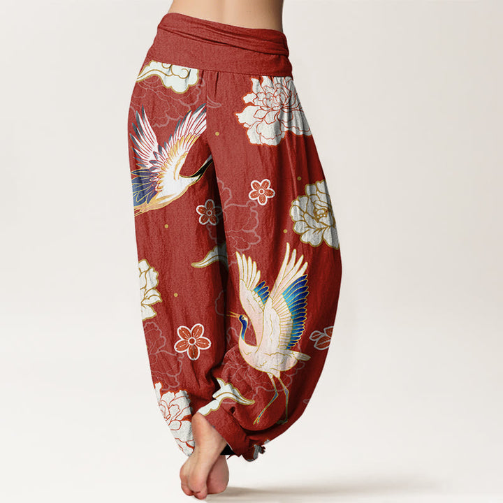 Pantalones harén de algodón puro con cintura elástica para mujer, estampado de Buddha Stones , grullas y peonías - image 7