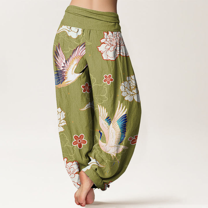Pantalones harén de algodón puro con cintura elástica para mujer, estampado de Buddha Stones , grullas y peonías - image 9