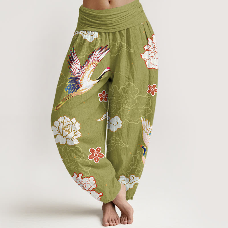 Pantalones harén de algodón puro con cintura elástica para mujer, estampado de Buddha Stones , grullas y peonías - AmarilloVerde - US22，UK/AU26，EU54 (6XL) - image 8