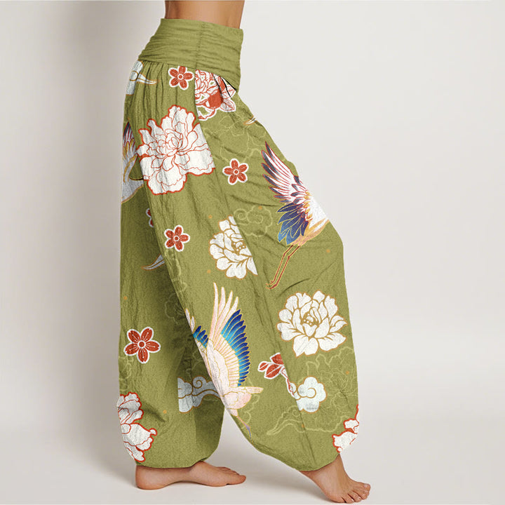 Pantalones harén de algodón puro con cintura elástica para mujer, estampado de Buddha Stones , grullas y peonías - image 10