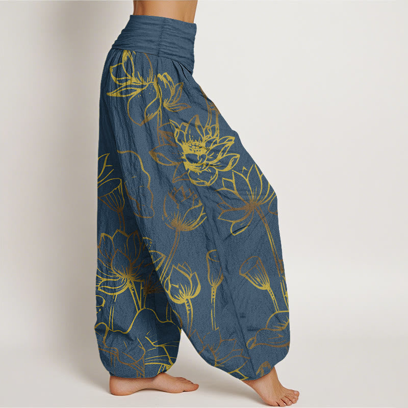Pantalones harén de algodón con cintura elástica para mujer, estampado de Buddha Stones, flores de loto y hojas - image 1