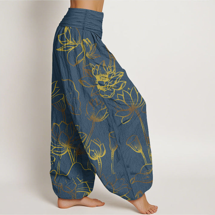 Pantalones harén de algodón con cintura elástica para mujer, estampado de Buddha Stones, flores de loto y hojas - image 1